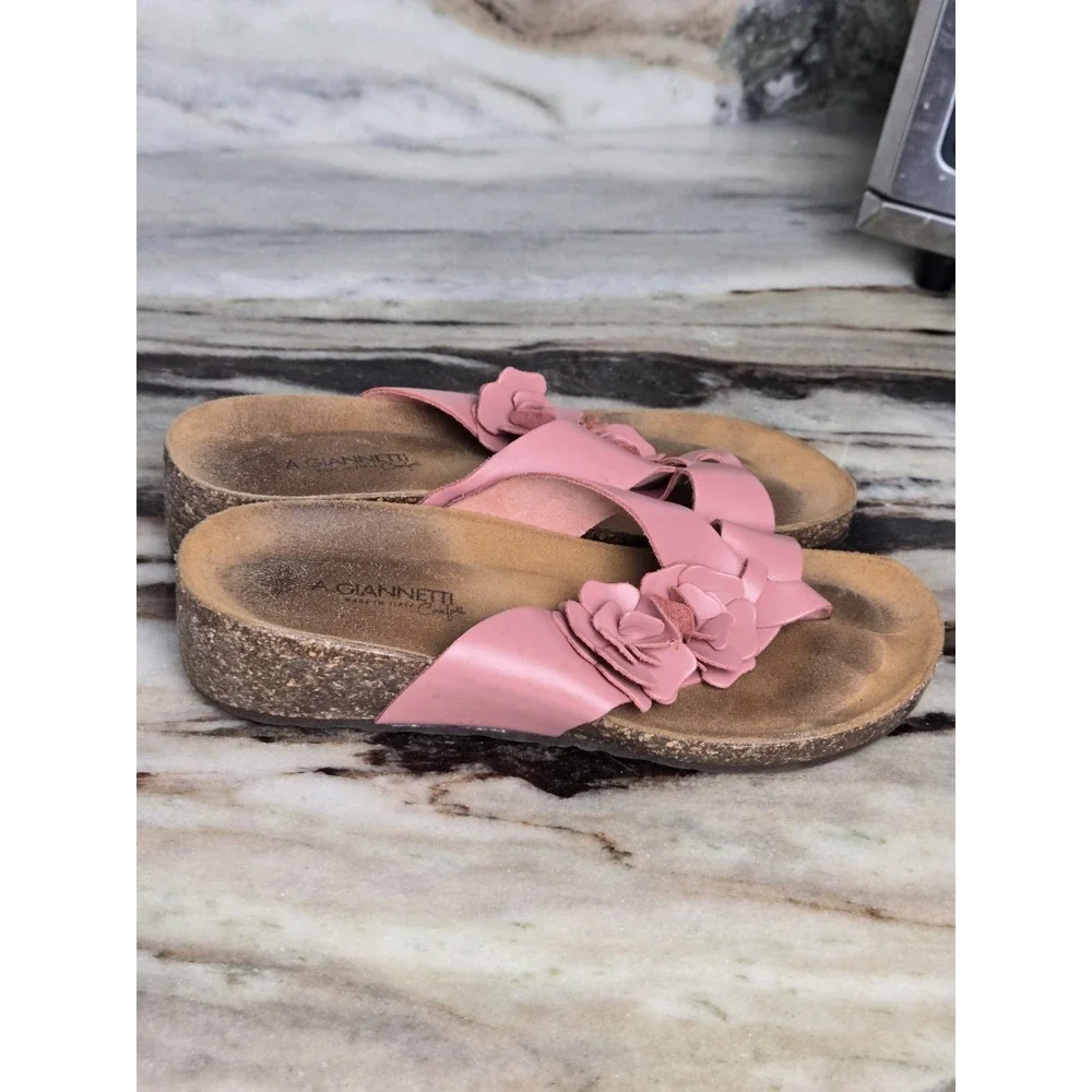 A. Giannetti Comfort Sandals Rose Pink Flower Leather Slides 9 Beach‎ Summer